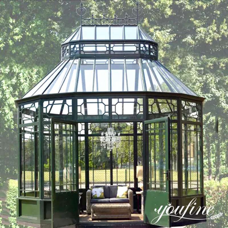 Outdoor Garden Wrought Iron Glass Gazebo Greenhouse for Sale IOK-272