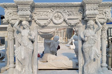 Hand Carved Marble Fireplace with Exquisite Statue for Sale MOK1-049