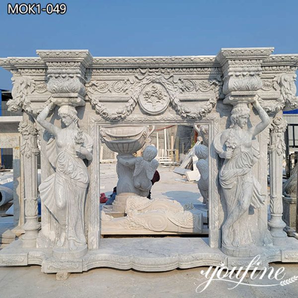 Hand Carved Marble Fireplace with Exquisite Statue for Sale MOK1-049