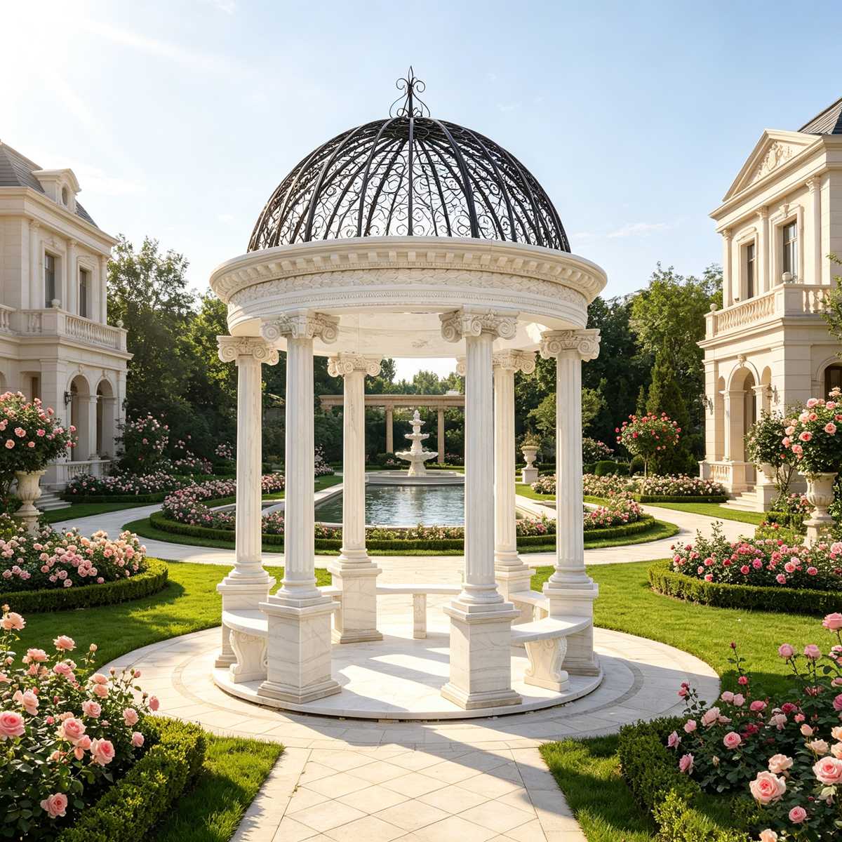 large white outdoor round marble gazebo with built in benches