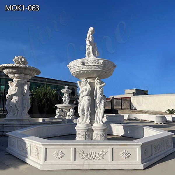 Outdoor White Marble Water Fountain with Vivid Statue for Sale MOK1-063