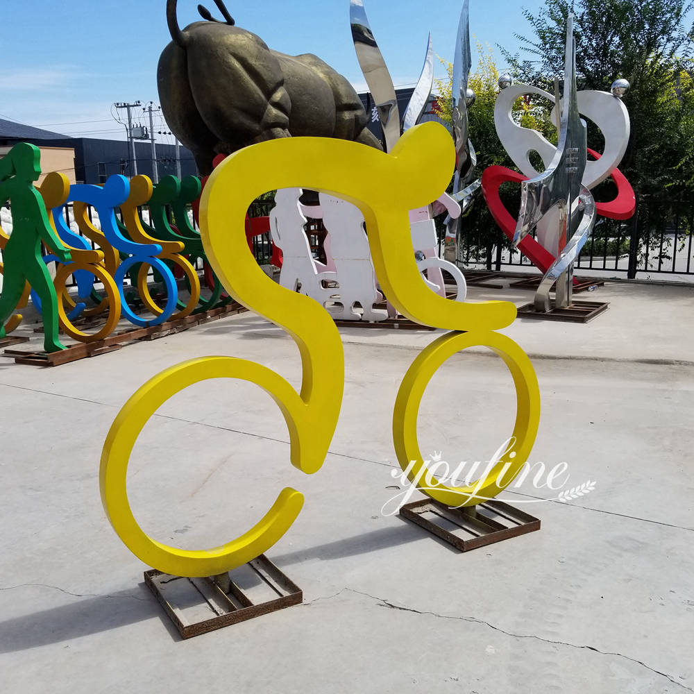 stainless steel cyclist sculpture for outdoor decor