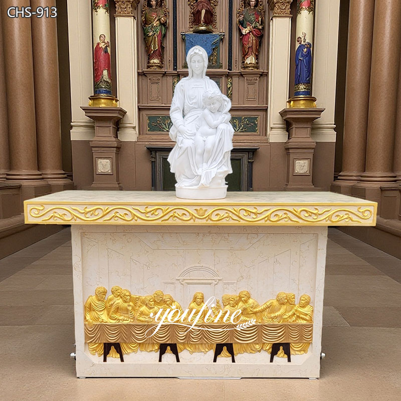 Marble Altar Table with Virgin Statue and Bronze Relief for Church CHS-913