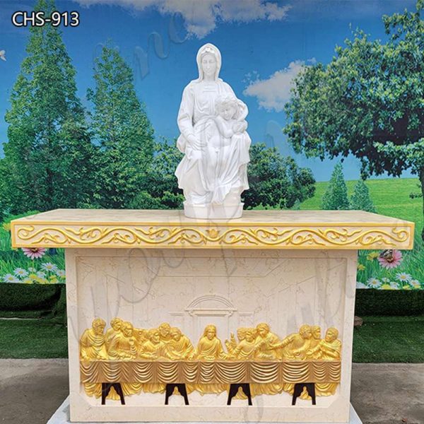 Marble Altar Table with Virgin Statue and Bronze Relief for Church