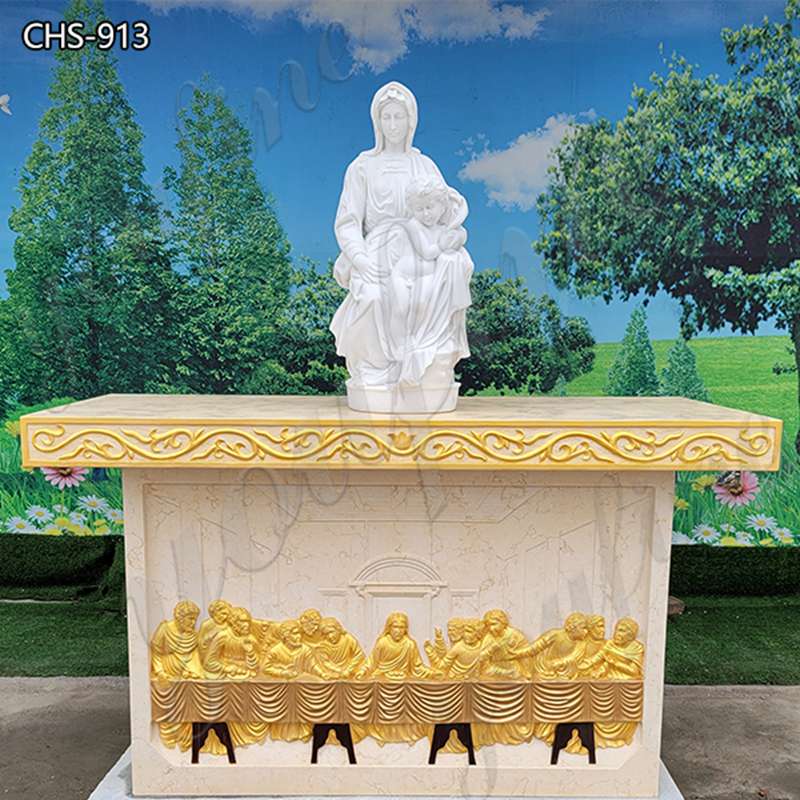 Marble Altar Table with Virgin Statue and Bronze Relief for Church CHS-913