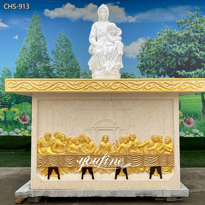 Altar Table with Virgin Statue and Bronze Relief