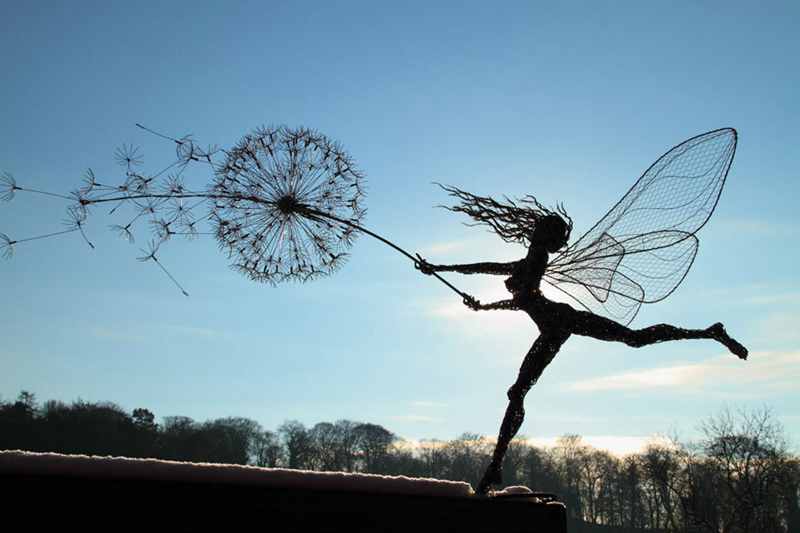 wire fairy sculptures dancing with dandelions - YouFine Sculpture