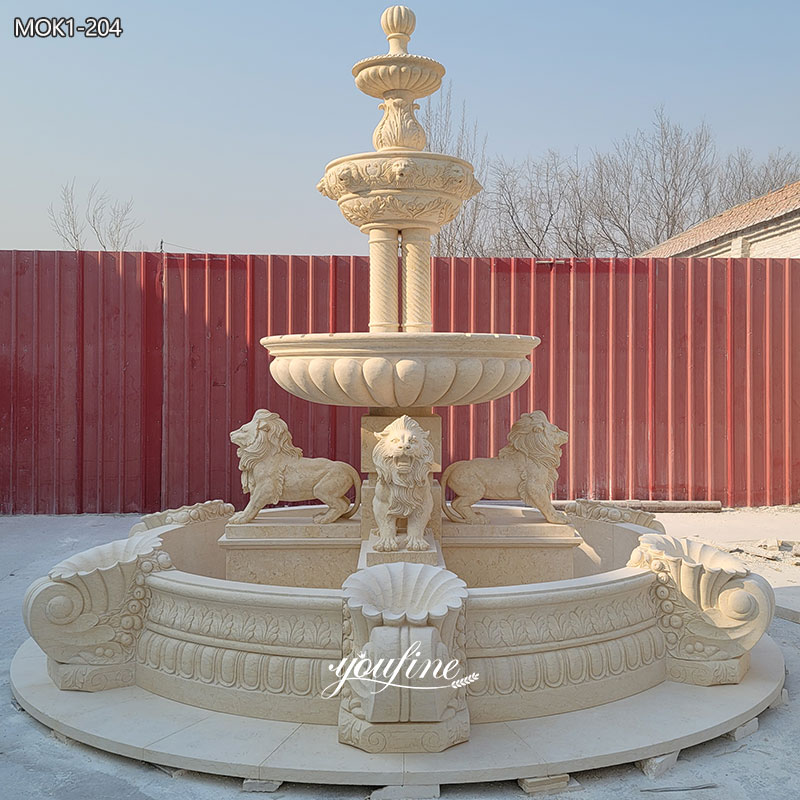 beige outdoor lion water fountain