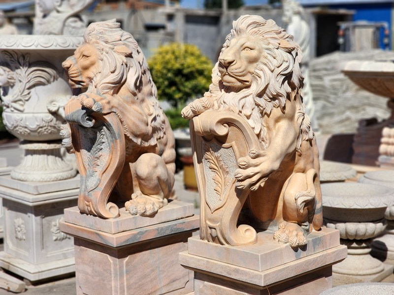 Large Sunred Marble Lion Sculpture for Driveway MOK1-071