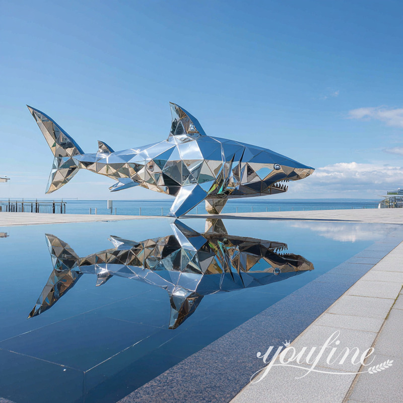 mirror polished geometric shark sculpture