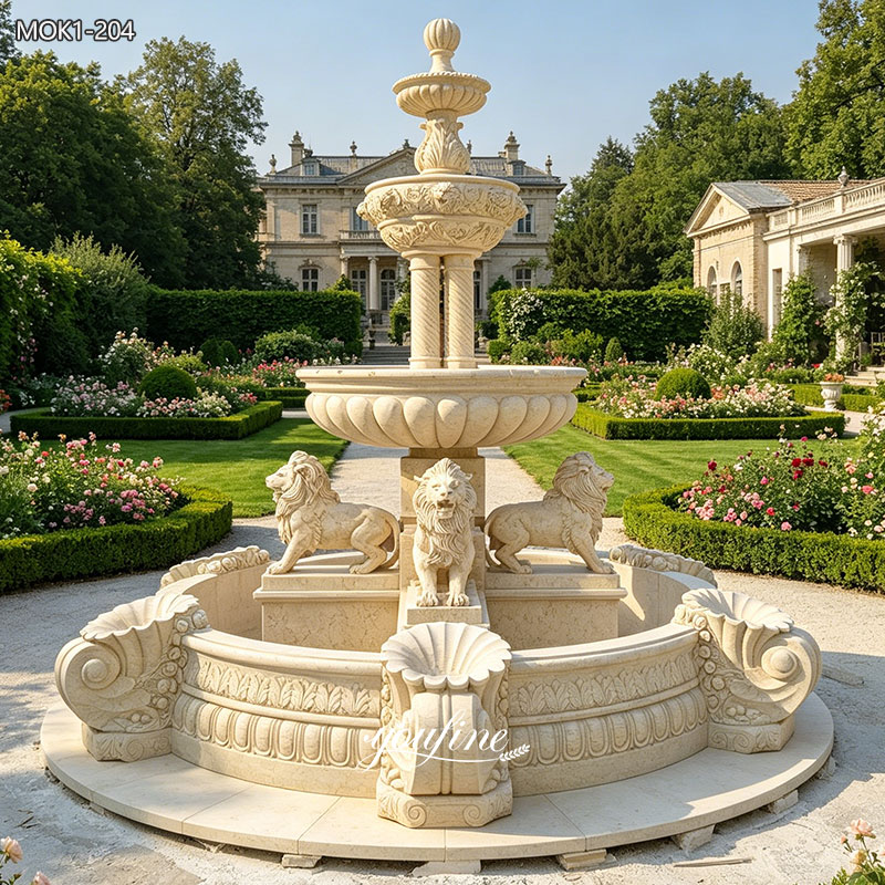 Beige Marble Outdoor Lion Water Fountain