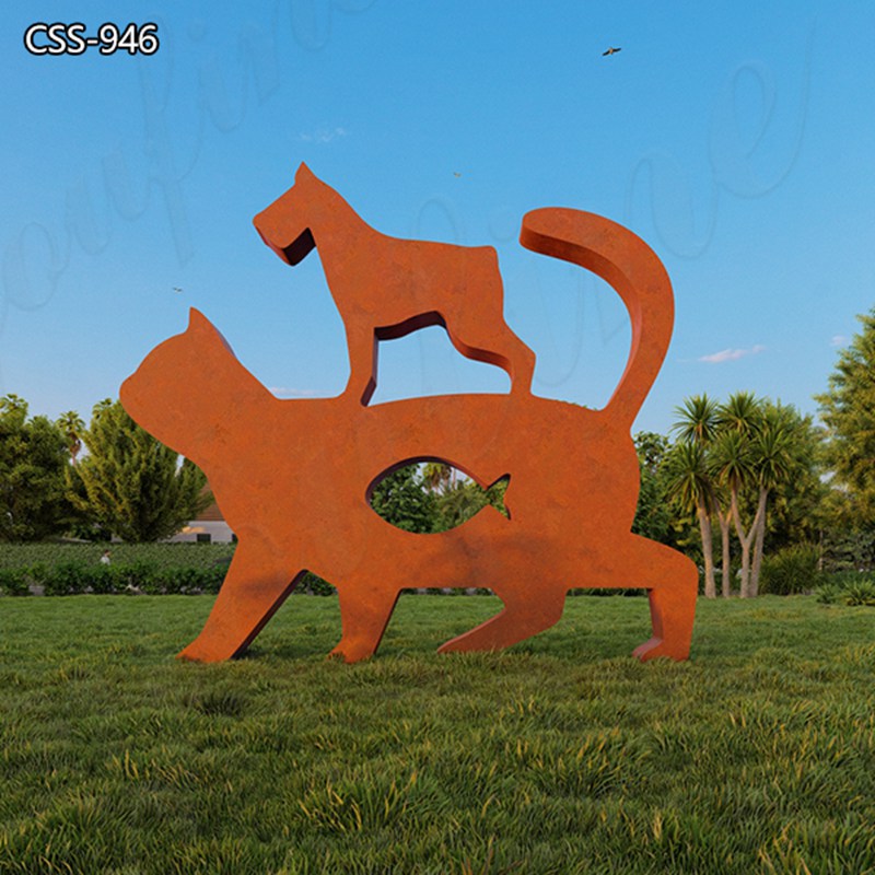 Corten Steel Rust Garden Sculpture Cat and Dog Art for Sale CSS-946
