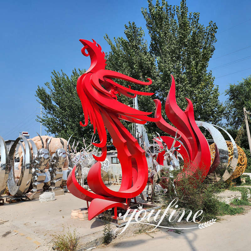 painted red stainless steel phoenix sculpture