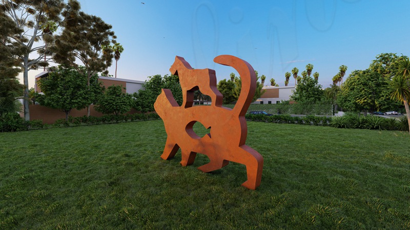 rust garden sculpture cat and dog art