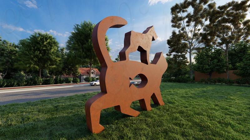 rust garden sculpture cat and dog art