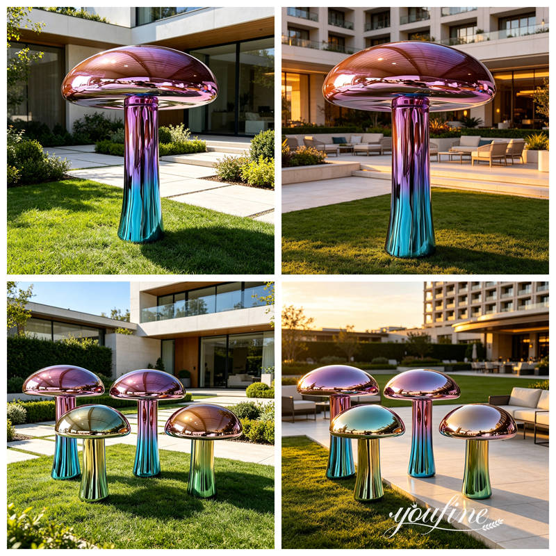 Escultura de hongo de metal colorido para espacio moderno