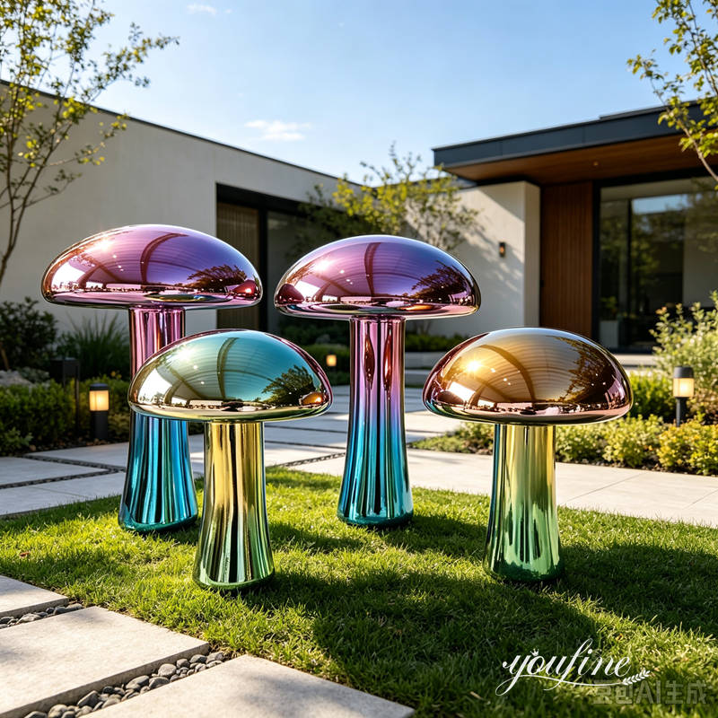 Escultura de hongos coloridos para la decoración moderna del jardín.