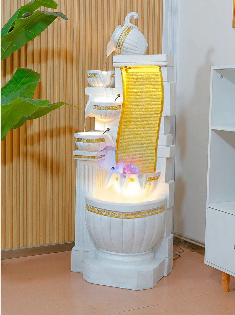 marble indoor water fountain with lights