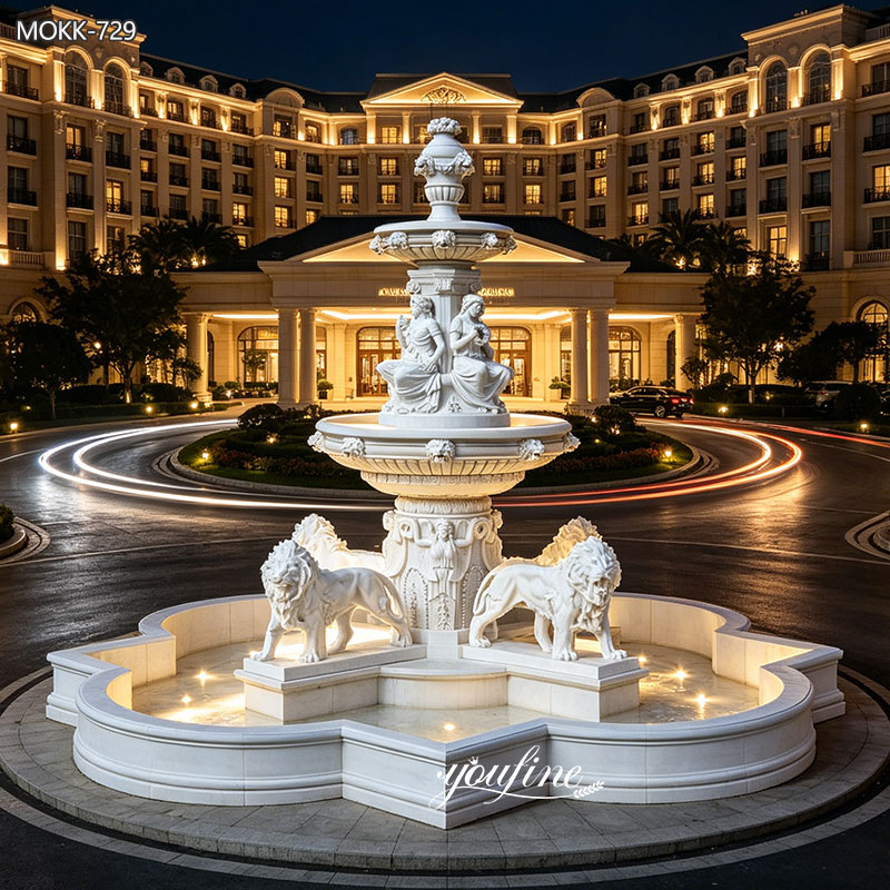 lion statue water fountain in night