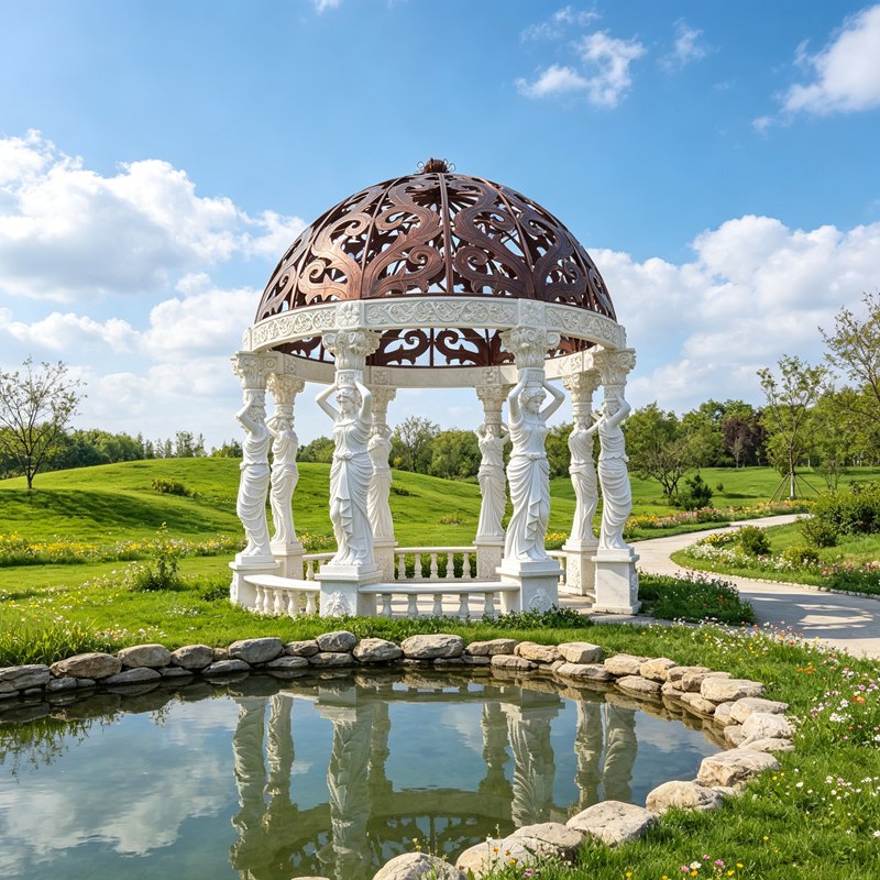 Roman Goddess Marble Gazebo and Filigree Cap for Estate