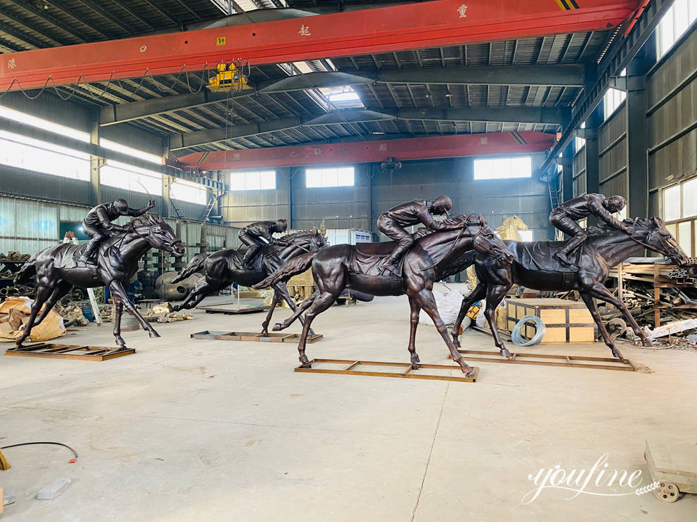 bronze racing horse with jockey sculptrues