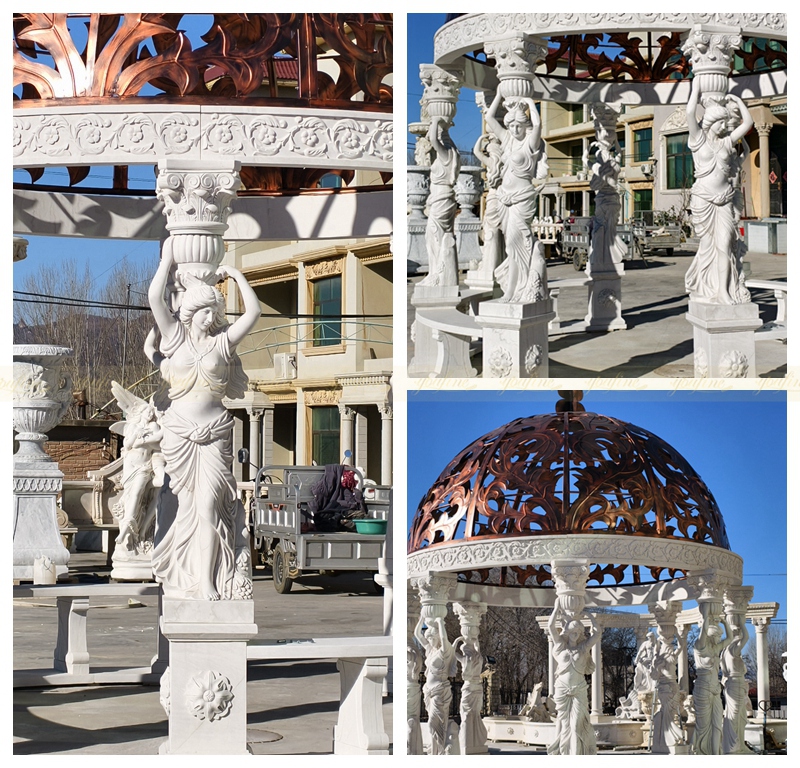 details of white marble gazebo with statues