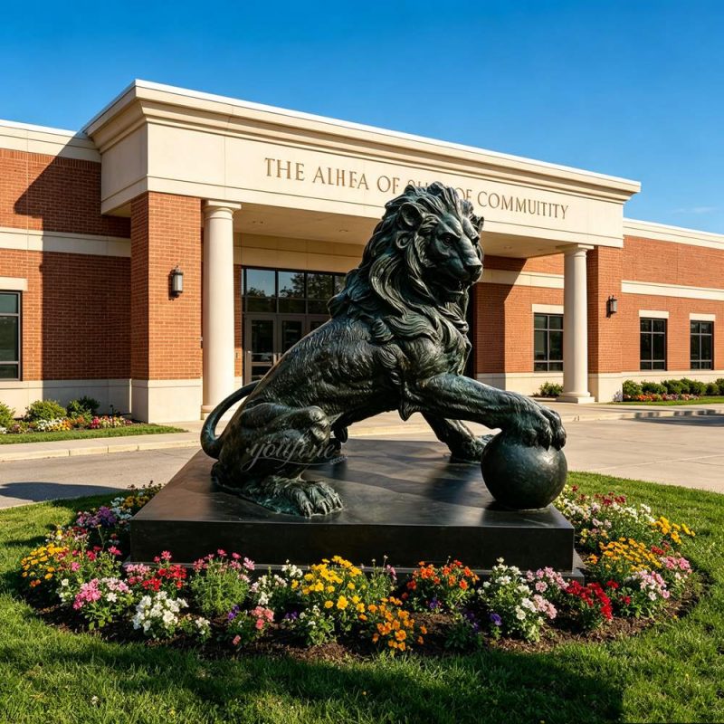 Large black Lion Statue with Ball