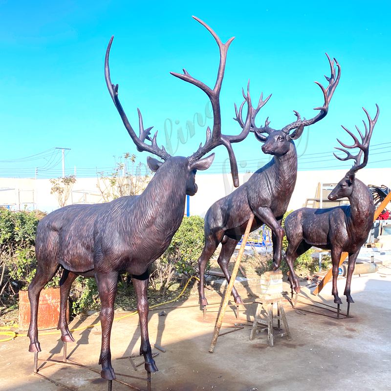Three Standing Large Bronze Stag Statues