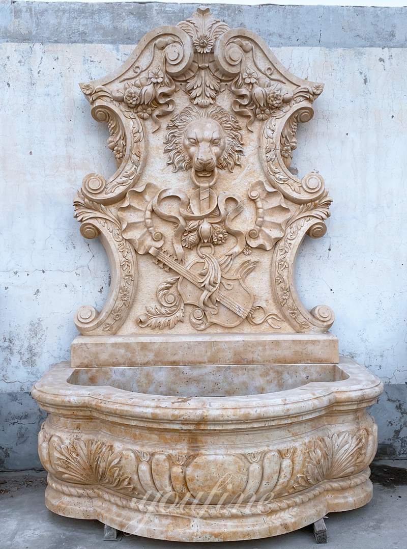 beige lion head marble wall fountain