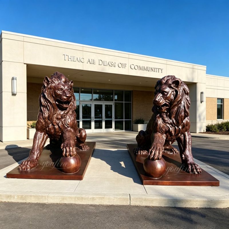 bronze Brown Lion Statue with Ball