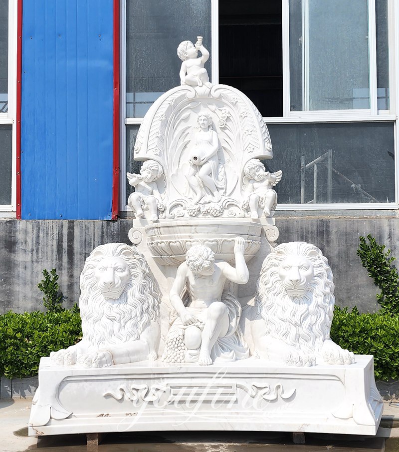 white Lion and angel sculpture marble wall fountain