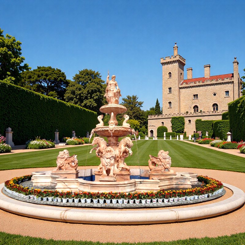 large Sunset Red Marble Poseidon Statue