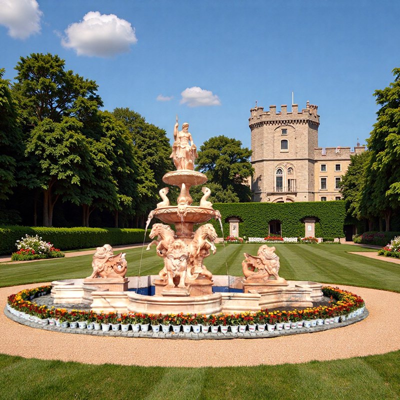 large Sunset Red Poseidon Statue in Water Fountain