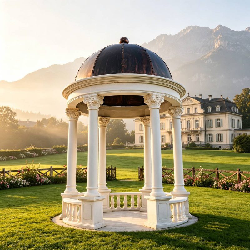 Classic White Marble Gazebo with Red Iron Roof