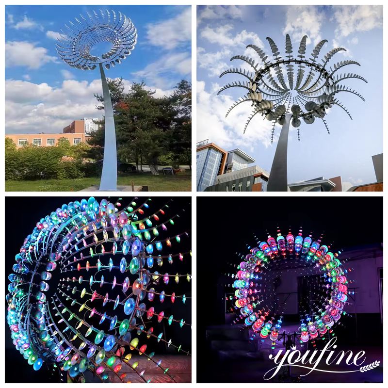 stainless steel kinetic wind sculpture with light elements