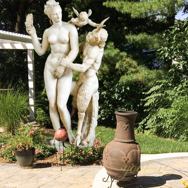 Greek God Marble Statue Aphrodite and Eros Hitting Pan for Sale