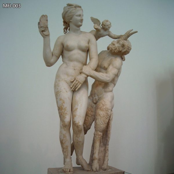 Greek God Marble Statue Aphrodite and Eros Hitting Pan for Sale