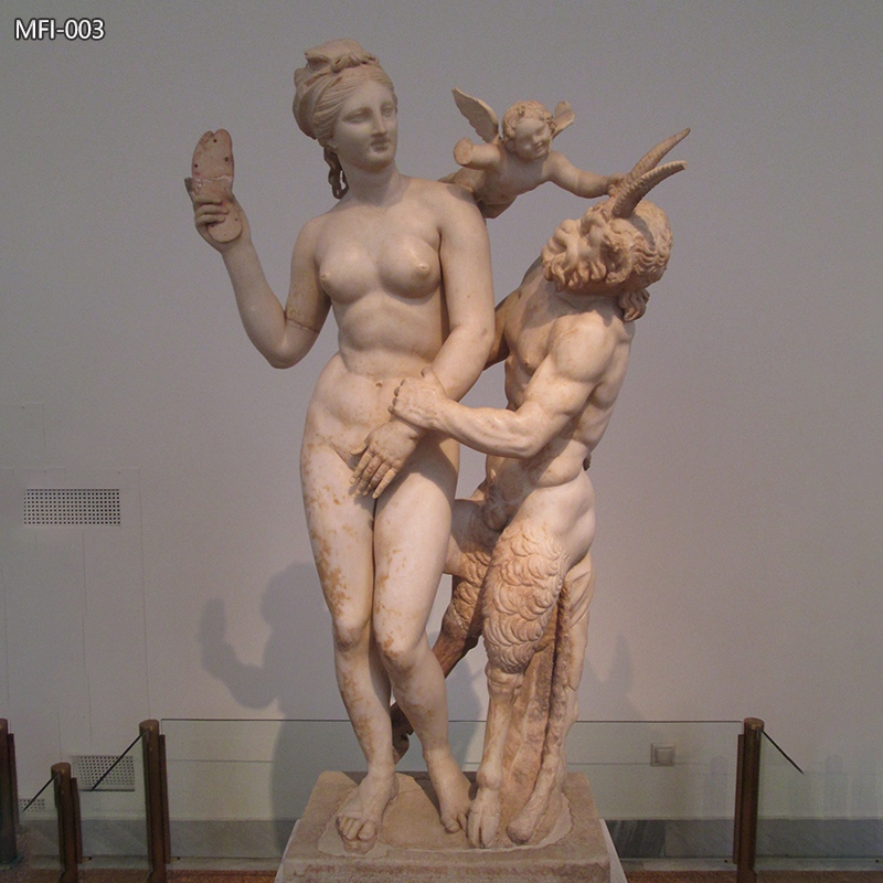 Greek God Marble Statue Aphrodite and Eros Hitting Pan for Sale