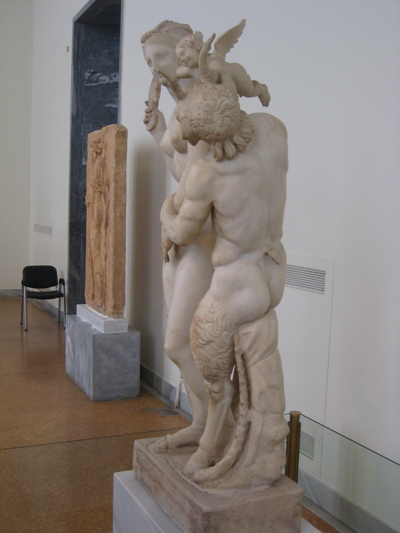 Greek God Marble Statue Aphrodite and Eros Hitting Pan for Sale