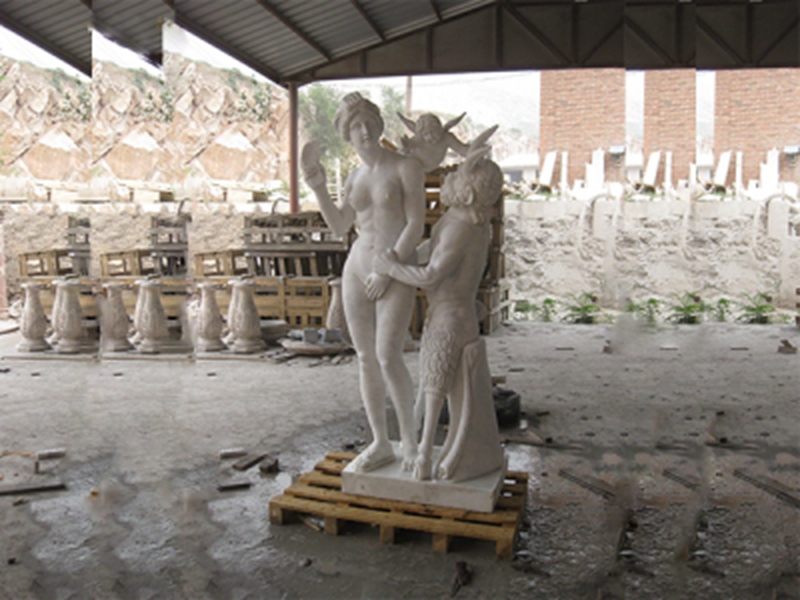 Greek God Marble Statue Aphrodite and Eros Hitting Pan for Sale