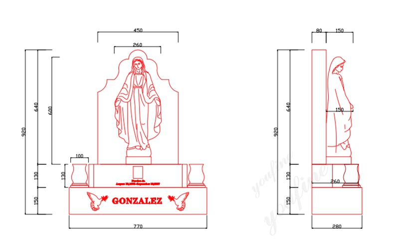 Virgin Mary Statues Headstone design drawing