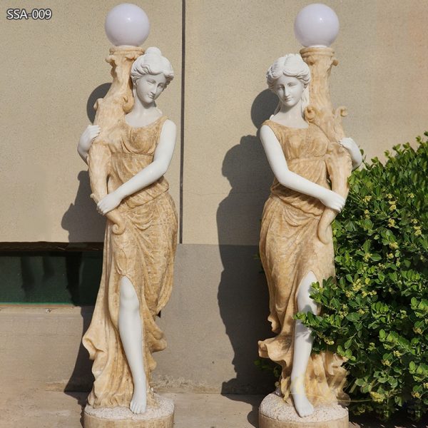 Natural Marble Greek Woman Statue Holding Lamp Supplier YouFine