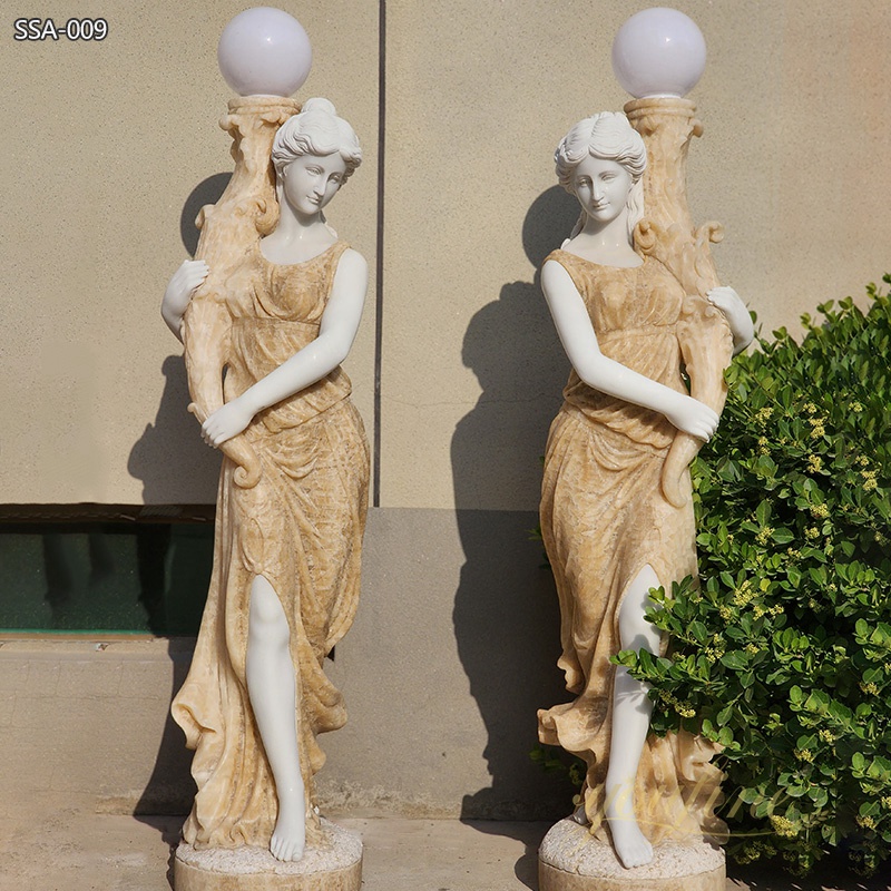 Natural Marble Greek Woman Statue Holding Lamp Supplier MLA-001