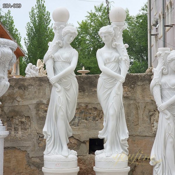 Natural Marble Greek Woman Statue Holding Lamp Supplier YouFine