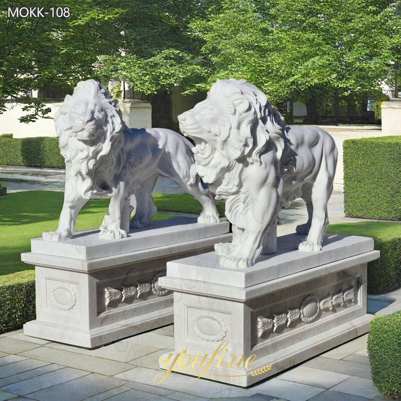 white marble walking lion garden statue