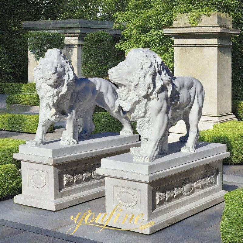 white marble walking lion outdoor statue