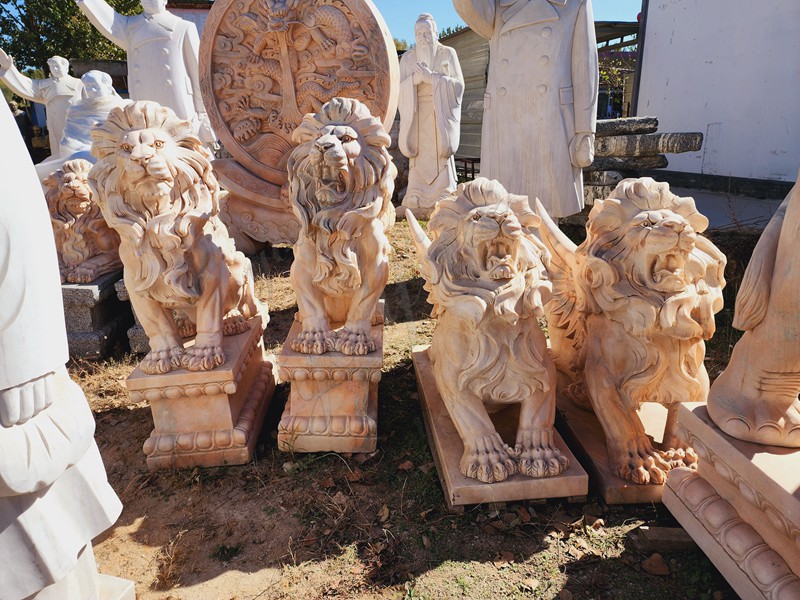 Hand Carved Beige Marble Winged Lion Statue Chinese Supplier