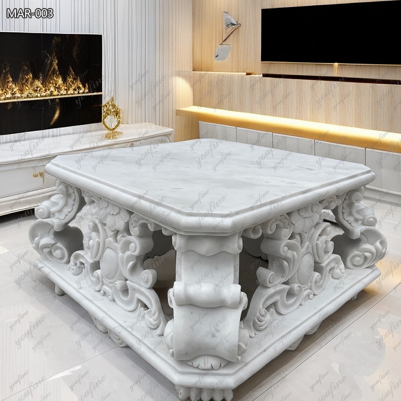 Hand-Carved Natural White Marble Center Table for Villa