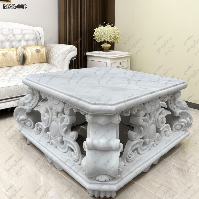 Hand-Carved Natural White Marble Center Table for Villa