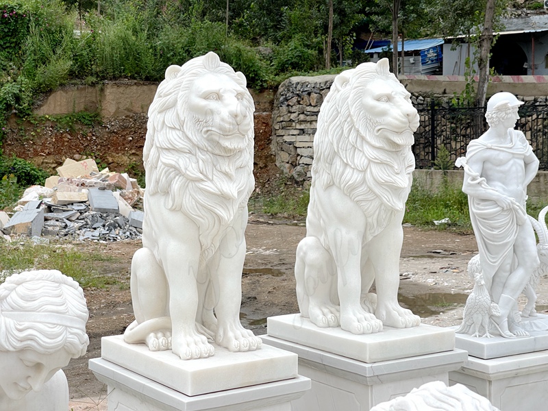 Marble Sitting Lion Statue in Pair For Front Porch Decor